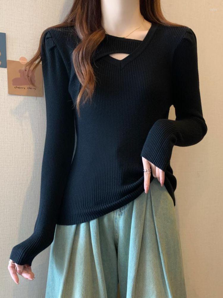Womens Sweaters Autumn Winter Wool Sweater Pullover Girl Hollow Out Full Puff Sleeve High Stretch Slim Base Knitted Jumper Top