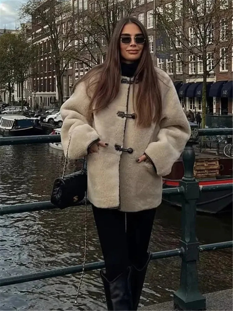 Women's Jackets TRAF Faux Fur Coat Women Faux Leather Button Fluffy Jacket For Women Warm Winter Jackets Woman Fall Streetwear Women's Coat 