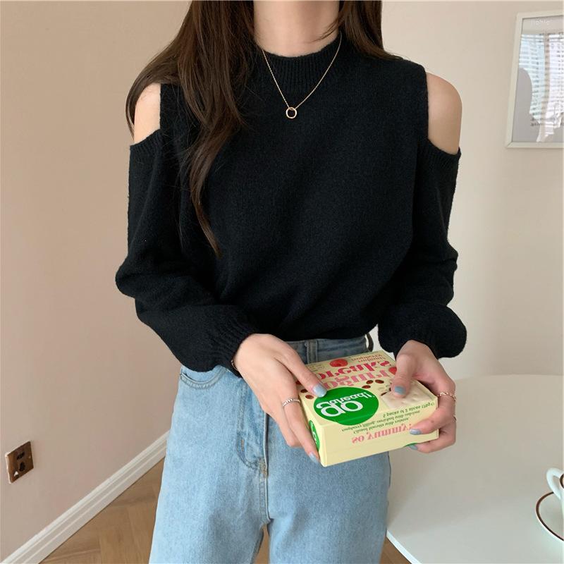 Womens Sweaters Solid Color Knitted Top Off Shoulder Sweater For Women Autumn And Winter 2023 Round Neck Long Sleeve
