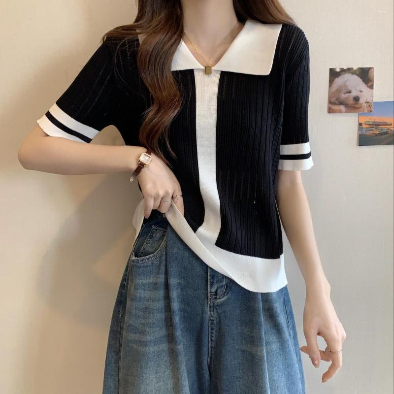 Womens Sweaters 2024 European And American Fashion Contrast Polo Neck Knit Short Sleeve Top
