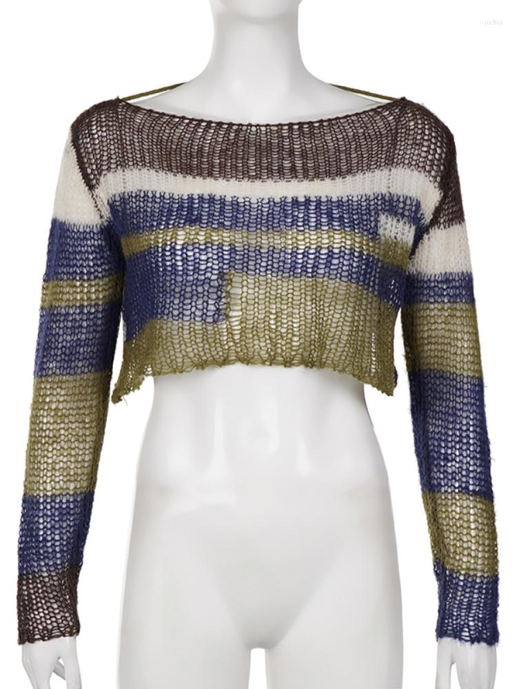 Womens Sweaters Distressed Crochet Sweater Grunge Striped Print Loose Smock Casual Streetwear Knitted Jumpers Women Fashion Pullover