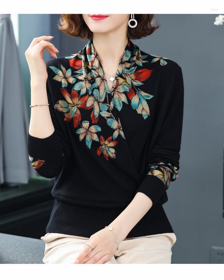 Womens Sweaters Floral Sweater 2023 Autumn Winter V-neck Knitted Pullover Long Seeve Mothers