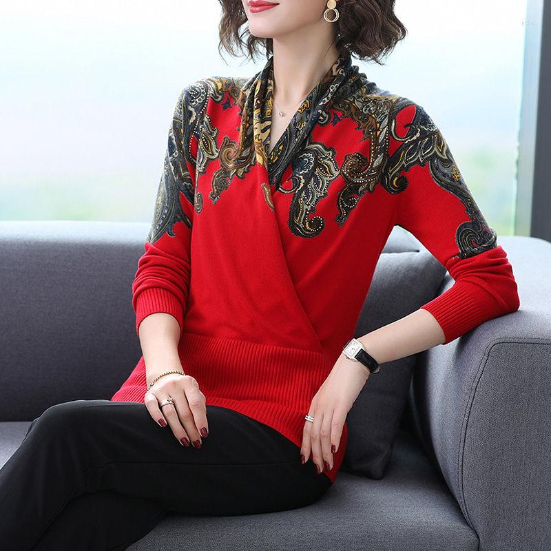 Womens Sweaters 2023 Women Long Sleeve Knitted Autumn Winter Lady Mothers Flowers V-neck Pullovers