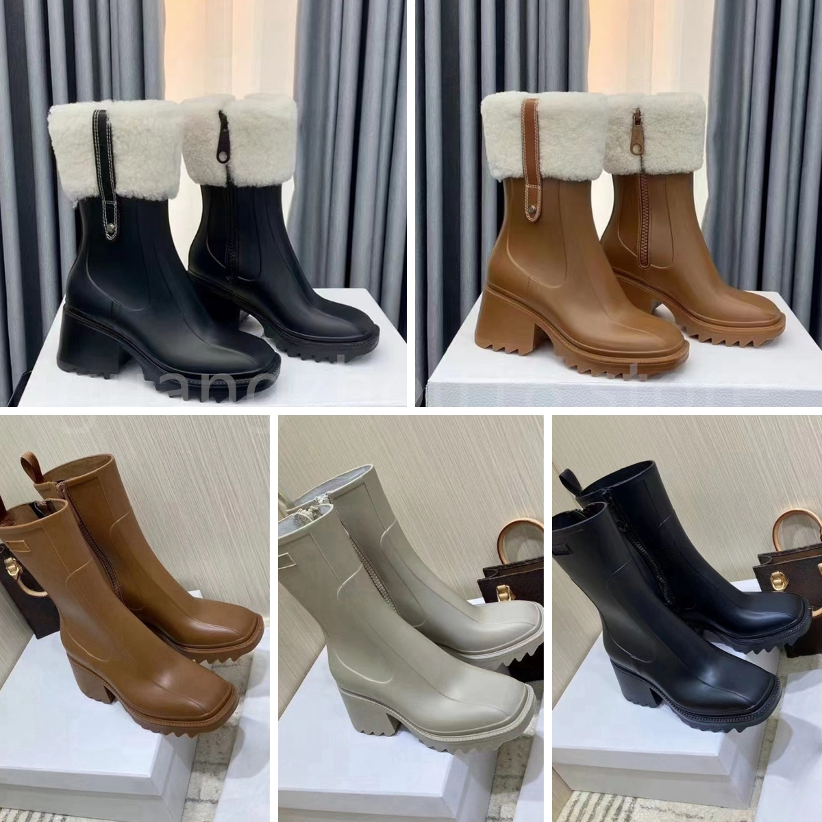 Top Quality Boots Fashion Women Designer Rain Boot Waterproof 3Colors with 7cm Heel