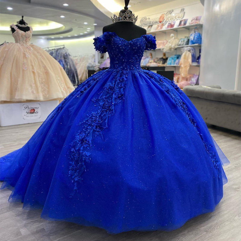 Blue Shiny V-Neck Crystal Beading Appliques Quinceanera Dresses Ball Gown Off The Shoulder Corset Vestidos De 15 Anos