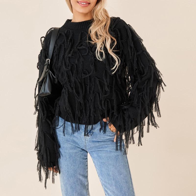 Womens Sweaters Women Knit Sweater Long Sleeve Crew Neck Tasseled Pullover Tops Autumn Winter Thicken Fashion Elegant Streetwear Y2k