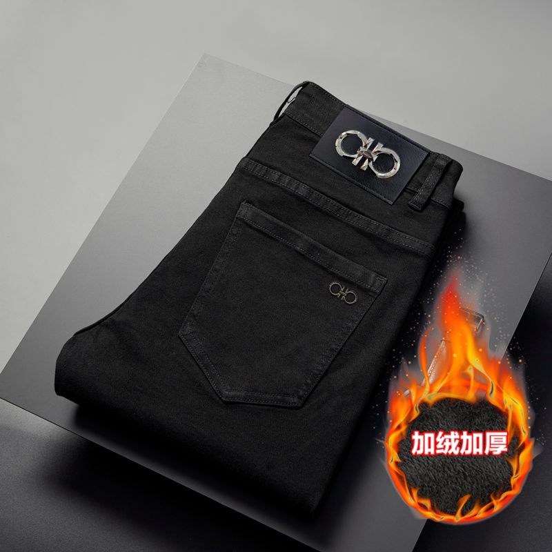 New JEANS Pants pant Men's trousers Stretch FLEECE thickening winter DDicon Embroidered close-fitting jeans cotton slacks washed straight busines