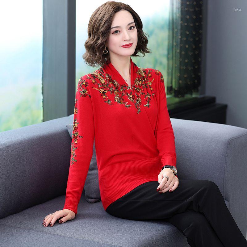 Womens Sweaters 2023 Women Long Sleeve Knitted Autumn Winter Lady Mothers Flowers V-neck Pullovers