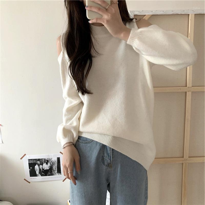 Womens Sweaters Solid Color Knitted Top Off Shoulder Sweater For Women Autumn And Winter 2023 Round Neck Long Sleeve