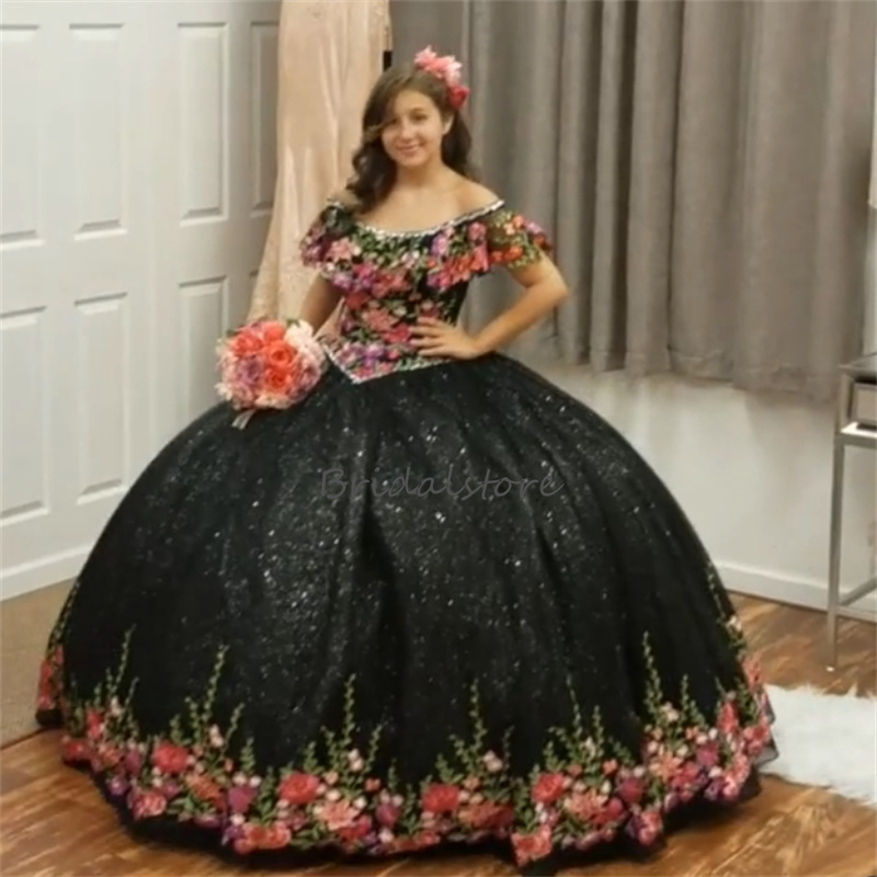 Beautiful Charro Black Mexican Quinceanera Dress 2024 Off Shoulders Ball Gown Costume Halloween Prom Dress Sweet 16 Birthday Vestidos De Xv Debutantes