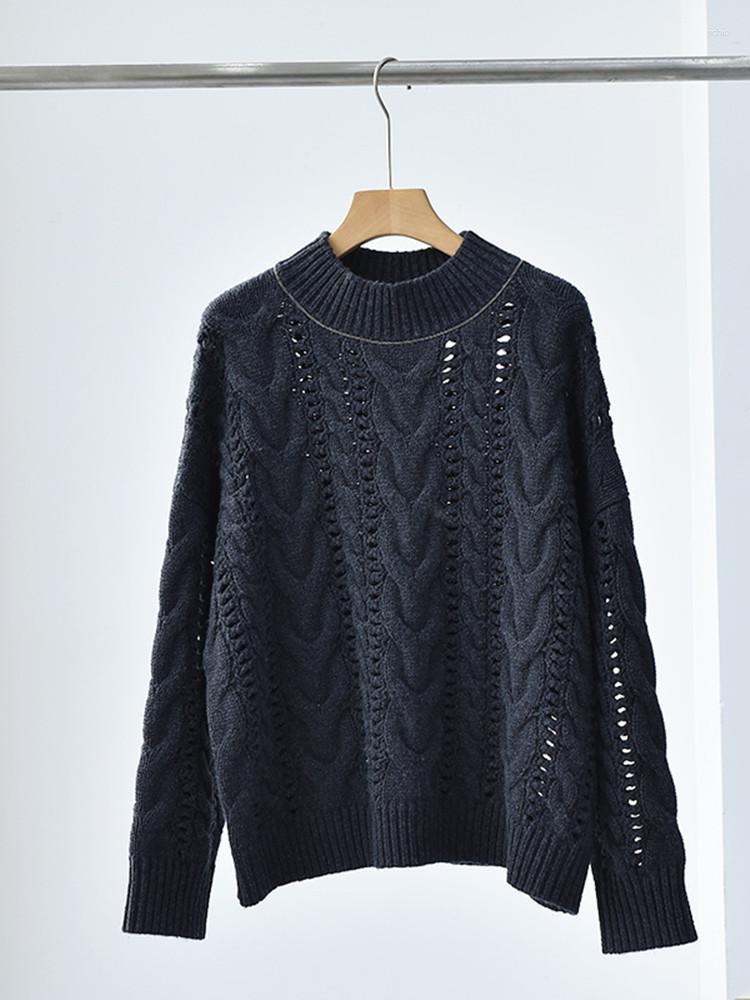 Womens Sweaters Women Sweater Hollow Out Twisted Temperament Long Sleeve O-neck Solid Beading Pullover Jumper Wool Casual Spring 2023