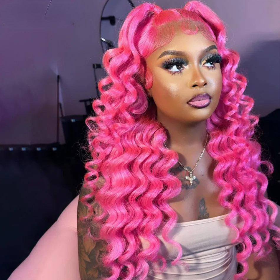 Rose Pink Deep Wave Lace Frontal Wig HD 360 Full Lace Front Simulation Human Hair Wigs Brazilian 613 Honey Blonde/Grey /Blue Cosplay Lace Closure Wig