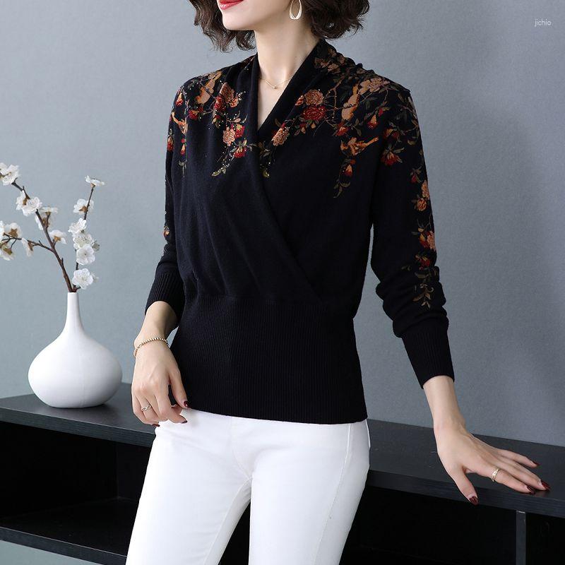 Womens Sweaters 2023 Women Long Sleeve Knitted Autumn Winter Lady Mothers Flowers V-neck Pullovers