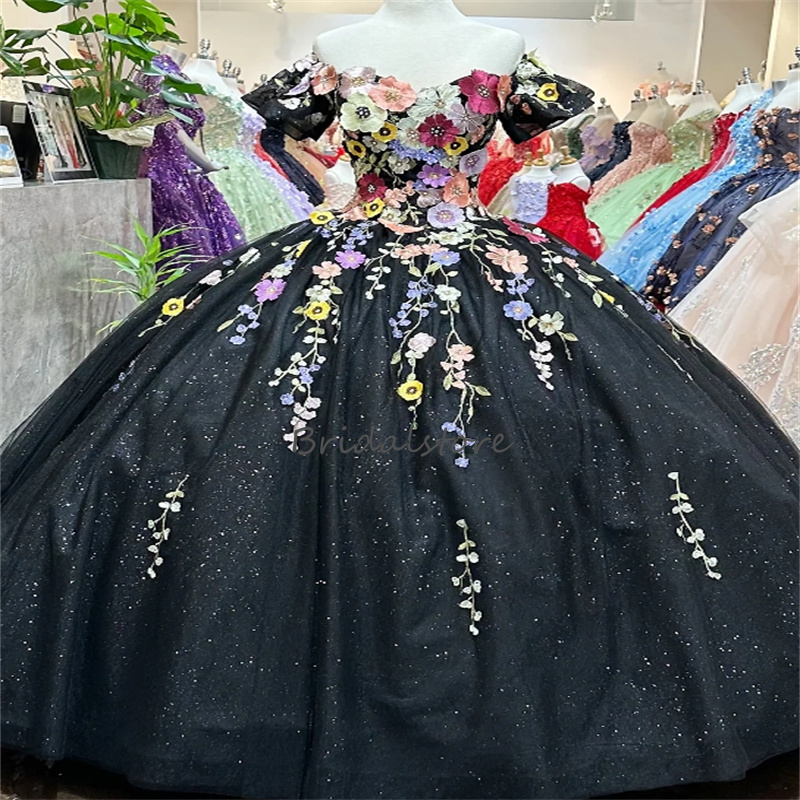 Shiny Charro Black Mexican Quinceanera Dress 2024 Colorful Florals Glitter Sequin Vestidos De 15 Anos Lace Up Birthday Party Masquerade vestidos de ga