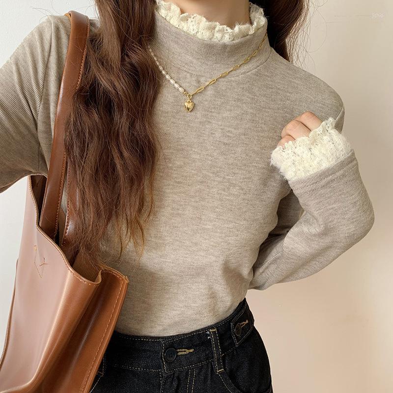 Womens Sweaters Autumn Winter Bottom Sweater Shirt Lace Half-high Neck Long-sleeved T-shirt Blouse Vintage Leisure Warm Pullovers Top
