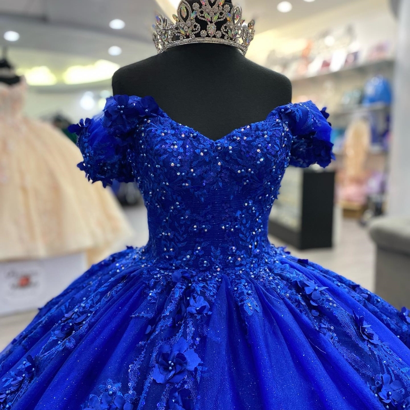 Blue Shiny V-Neck Crystal Beading Appliques Quinceanera Dresses Ball Gown Off The Shoulder Corset Vestidos De 15 Anos