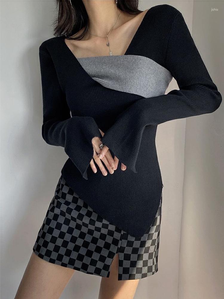 Womens Sweaters Wrapped Crochet Sweater Cross Top Long Sleeved Clothing V-neck Soft Casual Retro Harajuku Aesthetic Pullover Irregular