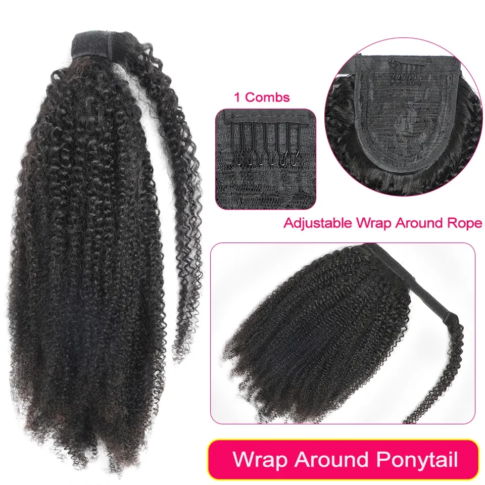 Afro Kinky Curly Drawstring Ponytail Mongolian Kinky Curly Wrap Around Ponytail 4B 4C Remy Hair Extensions Human Hair pony tail hairpiece 120g jet bla