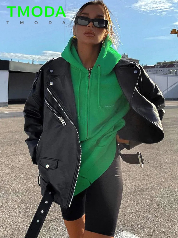 Women's Jackets T MODA Spring Autumn Faux Leather Jackets Women Loose Casual Coat Female Drop-shoulder Motorcycles Locomotive Outwear With Belt 2