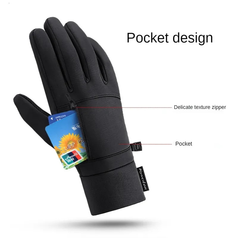 Five Fingers Gloves Winter Men Women Ski Snow Gloves Waterproof Cycling Gloves Full Finger Warm Thermal Fleece Gloves with Small Zipper Pocket 231007