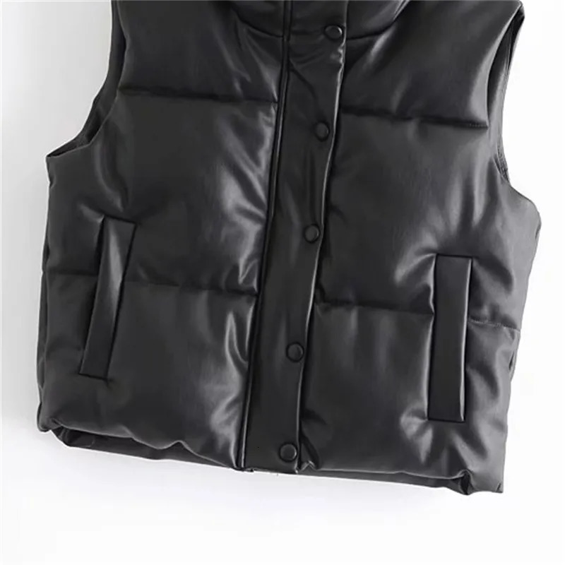 Women's Vests Fashion Streetwear Women Puffy Vest Winter Thick Parkas Jacket Black PU Female Coats Faux Leather Down Waistcoat Loose Lady Vest 23