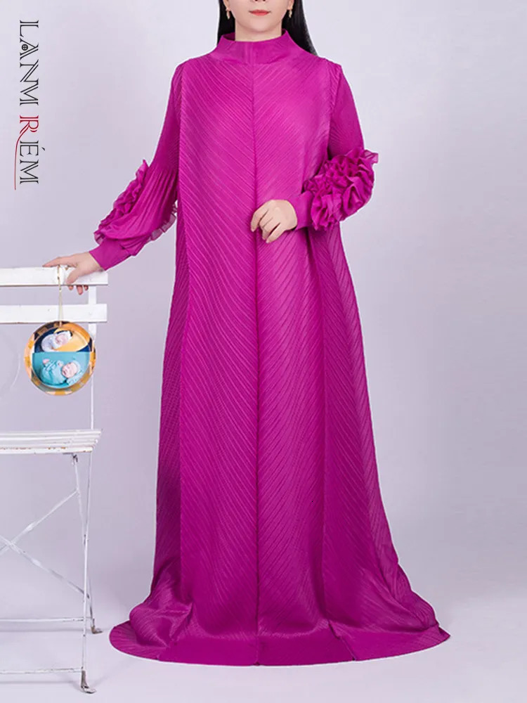 Basic Casual Dresses LANMREM Oversize Pleated Dress Round Neck Spliced Fungus Full Sleeve Long Dresses For Women Spring Clothes 2Q1331 231007