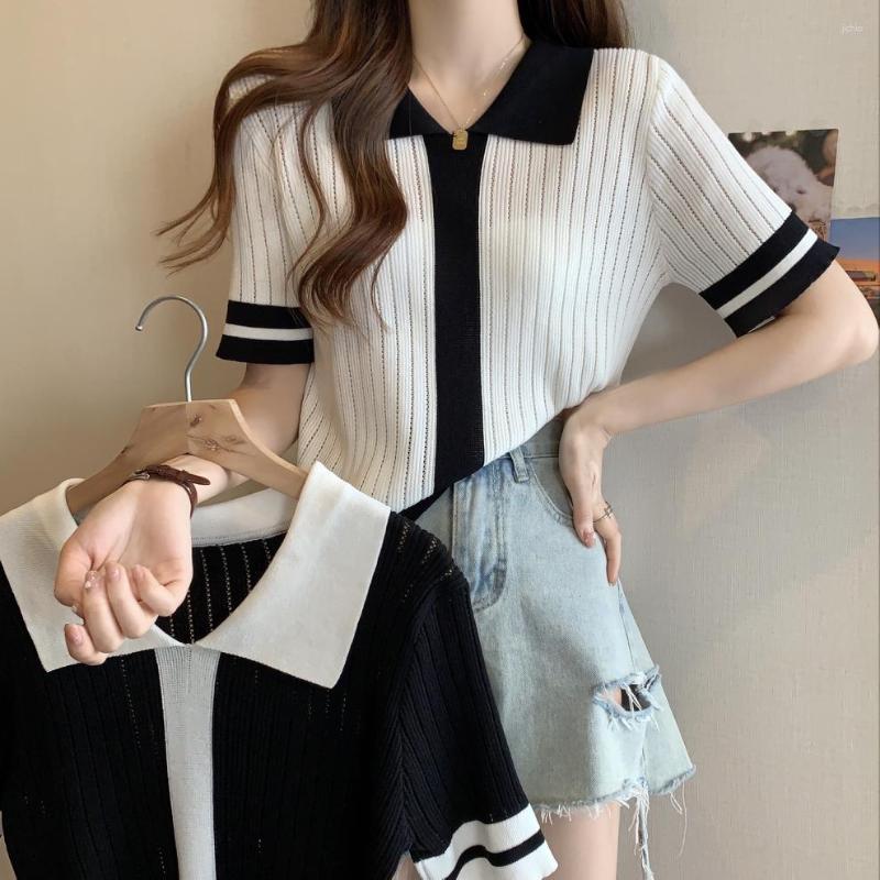 Womens Sweaters 2024 European And American Fashion Contrast Polo Neck Knit Short Sleeve Top