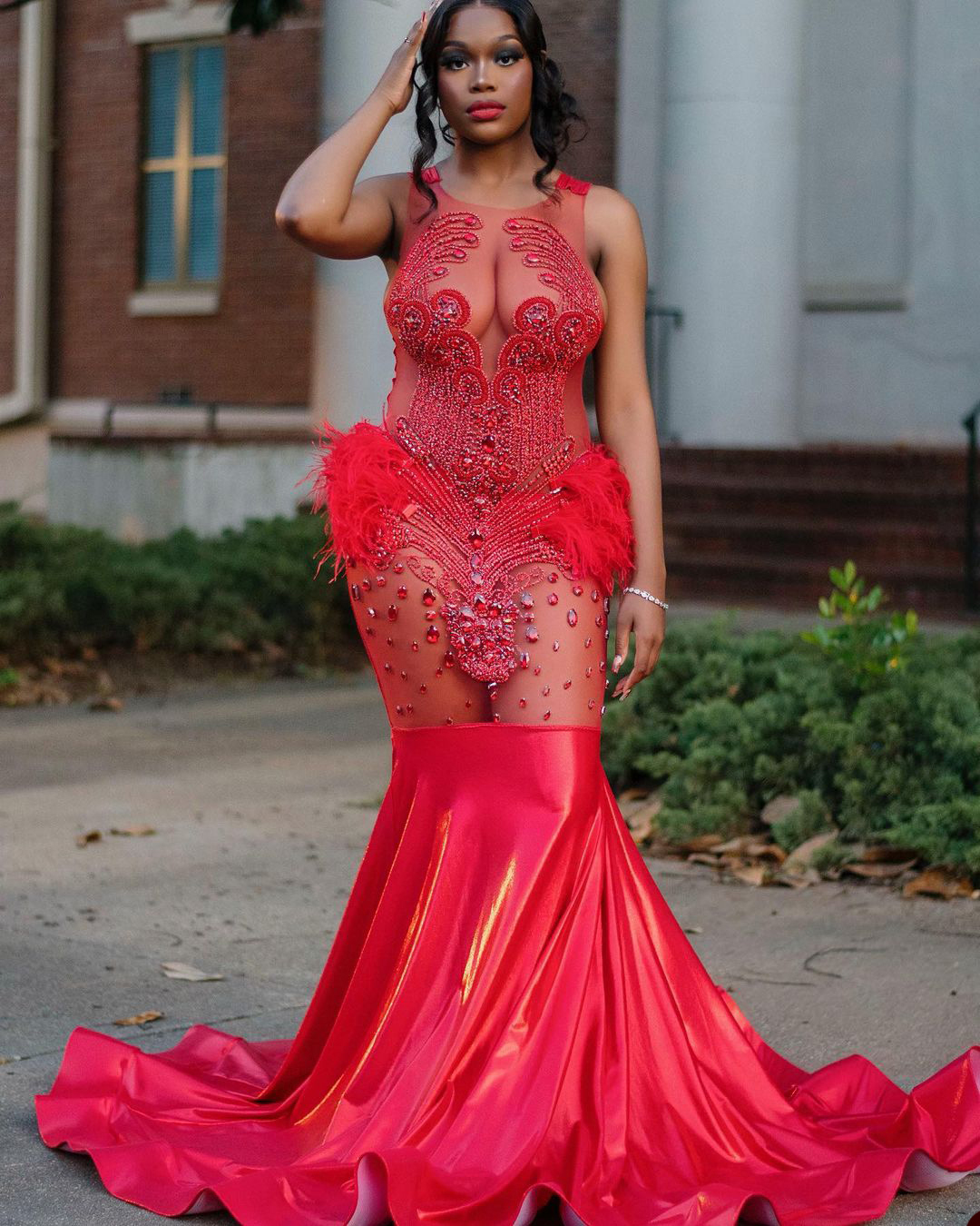 Plus Size Arabic Red Mermaid Evening Dresses Beaded Sequins Feather Formal Party Prom Gowns Sexy See Through Dress