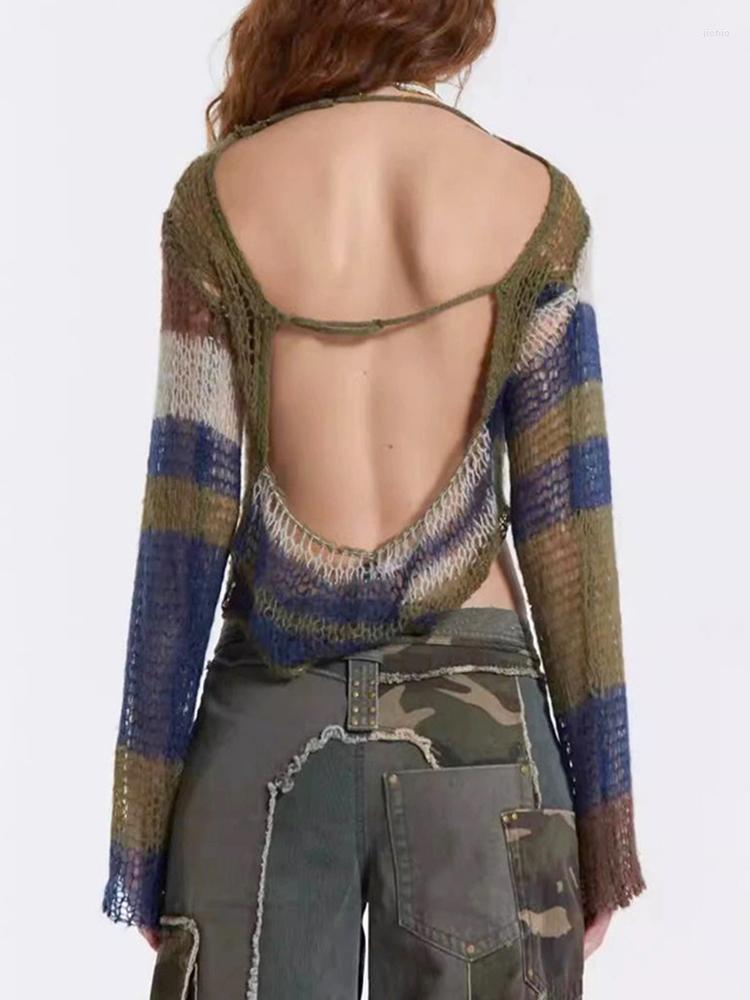Womens Sweaters Distressed Crochet Sweater Grunge Striped Print Loose Smock Casual Streetwear Knitted Jumpers Women Fashion Pullover