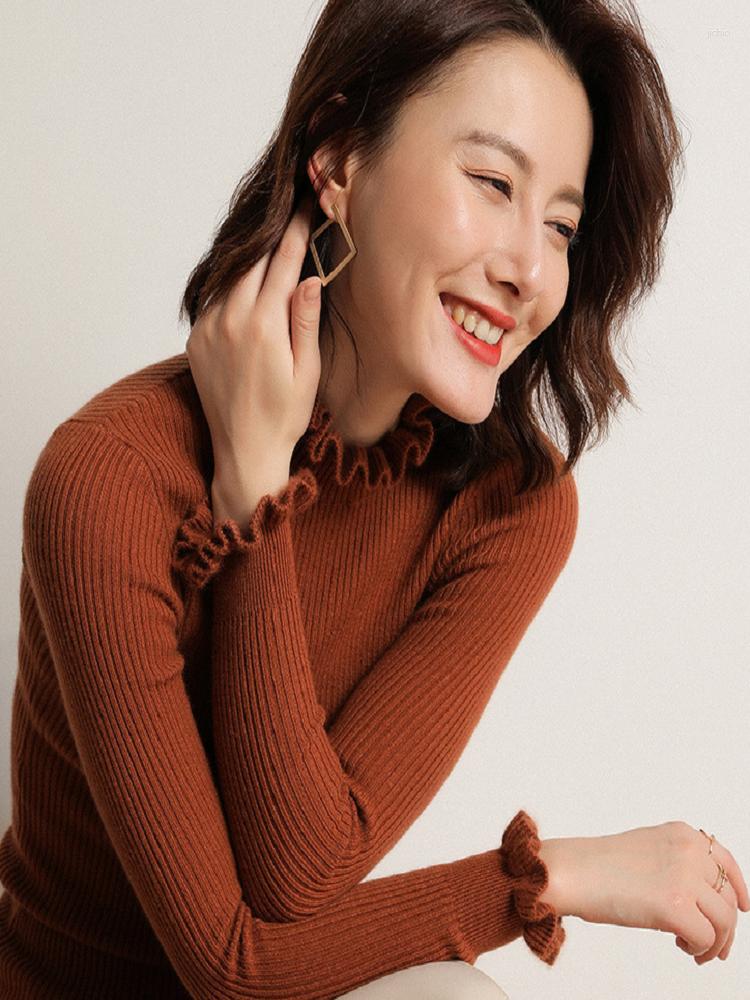 Womens Sweaters 2024 Autumn/Winter Sweater Knitwear Female Lace Sleeve Lotus Leaf Collar Wood Ear Bottoming Shirt Temperament Slim
