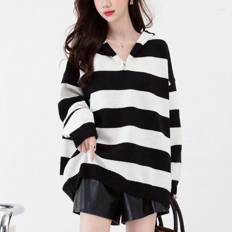 Womens Sweaters Hsa 2023 Contrast Color Striped Zipper Hooded Sweater Fashion Loose Retro Soft Glutinous Lazy Style Long Sleeve Tops