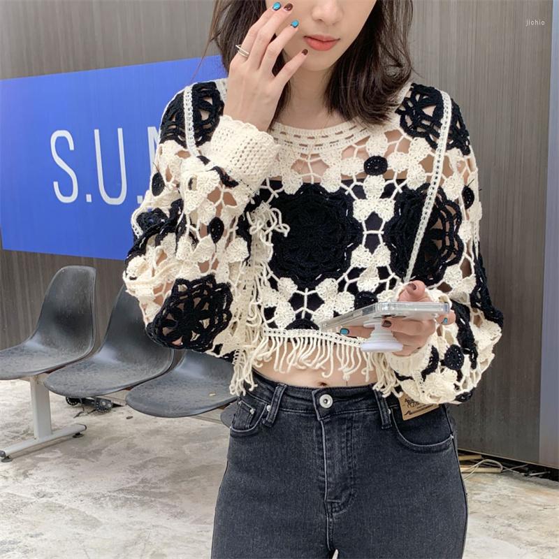 Womens Sweaters Korean Cropped Knit Sweater Spring Autumn Fashion Sweet Long Sleeve Casual Crochet Tassels Hollowed Out Pullover For Women