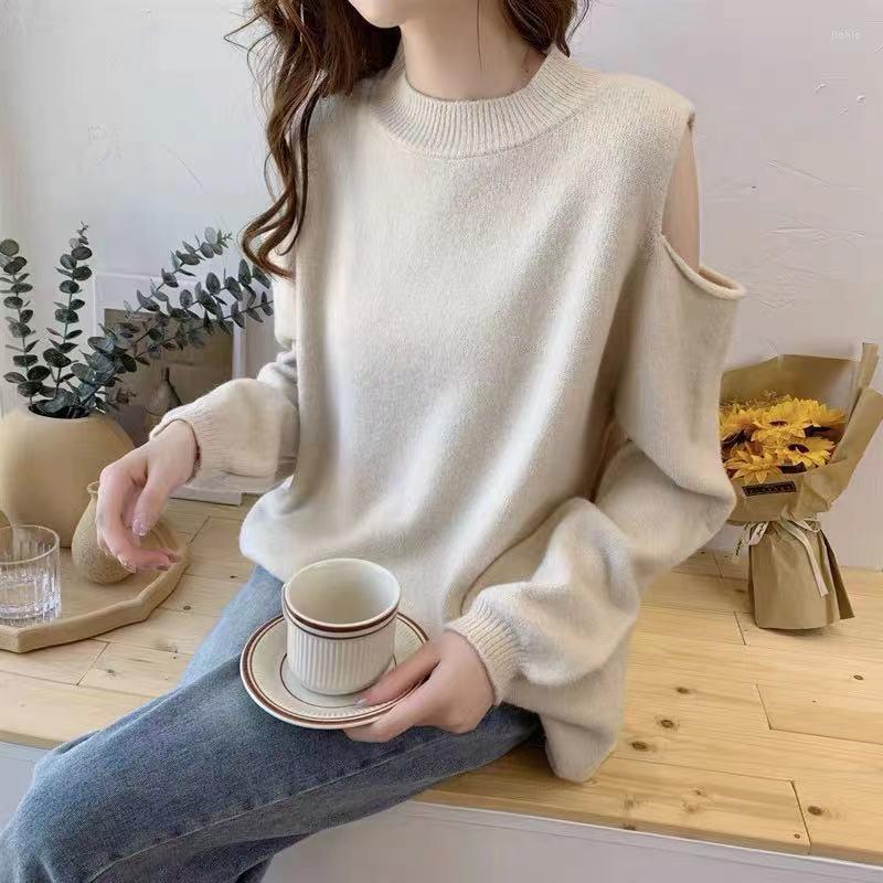 Womens Sweaters Solid Color Knitted Top Off Shoulder Sweater For Women Autumn And Winter 2023 Round Neck Long Sleeve