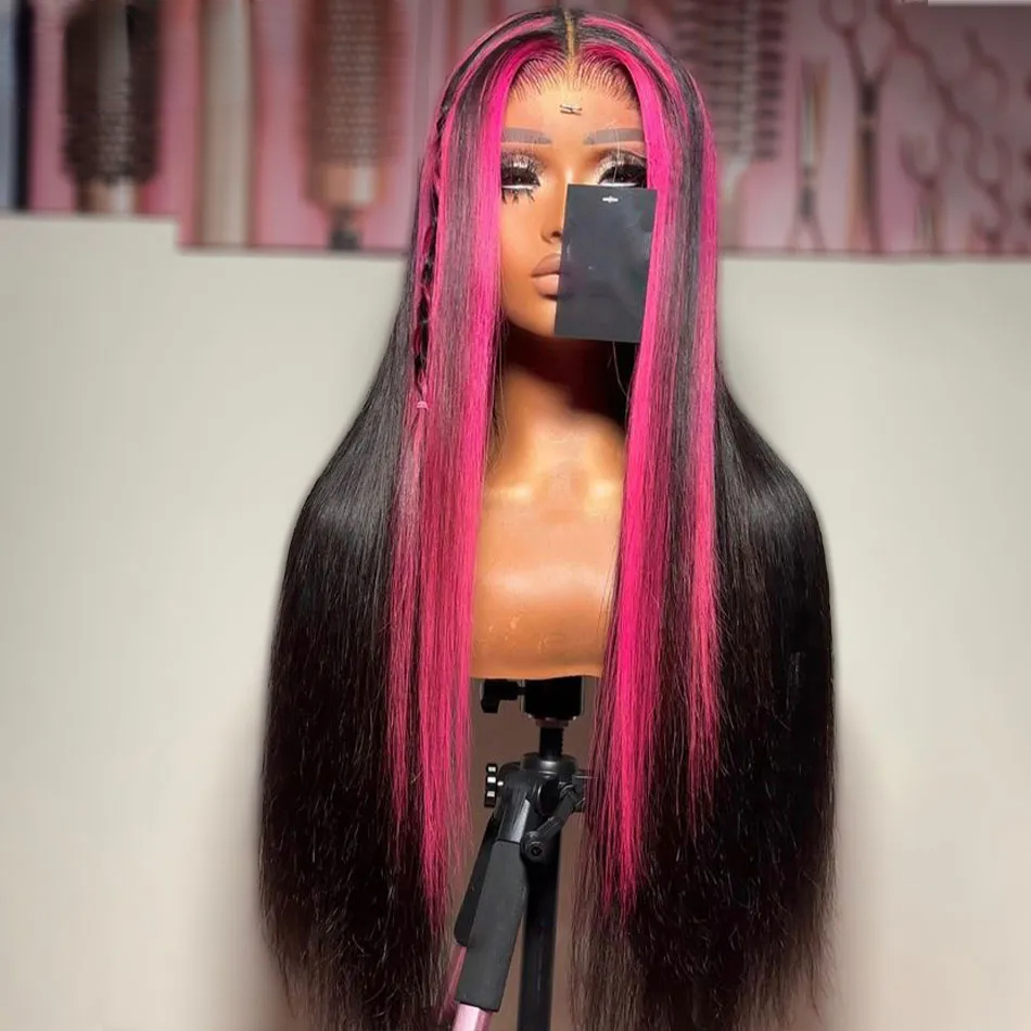 Brazilian Pink Highlight Colored Wig 360 Lace Front Human Hair Wigs HD Transparent Lace Frontal Wig Long Straight Synthetic Wig For Women