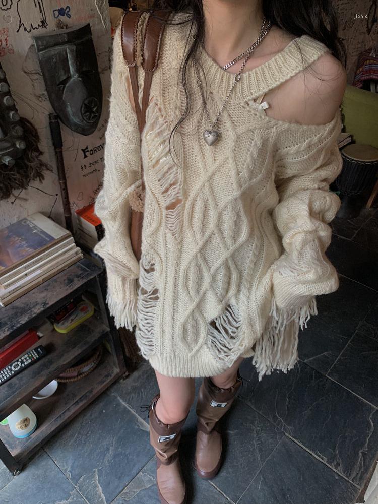 Womens Sweaters Korobov Loose Lazy Sweater Autumn Pullover O Neck Off Shoulder Slim Y2k Top Hole Tassel Design Harajuku Fashion Womens
