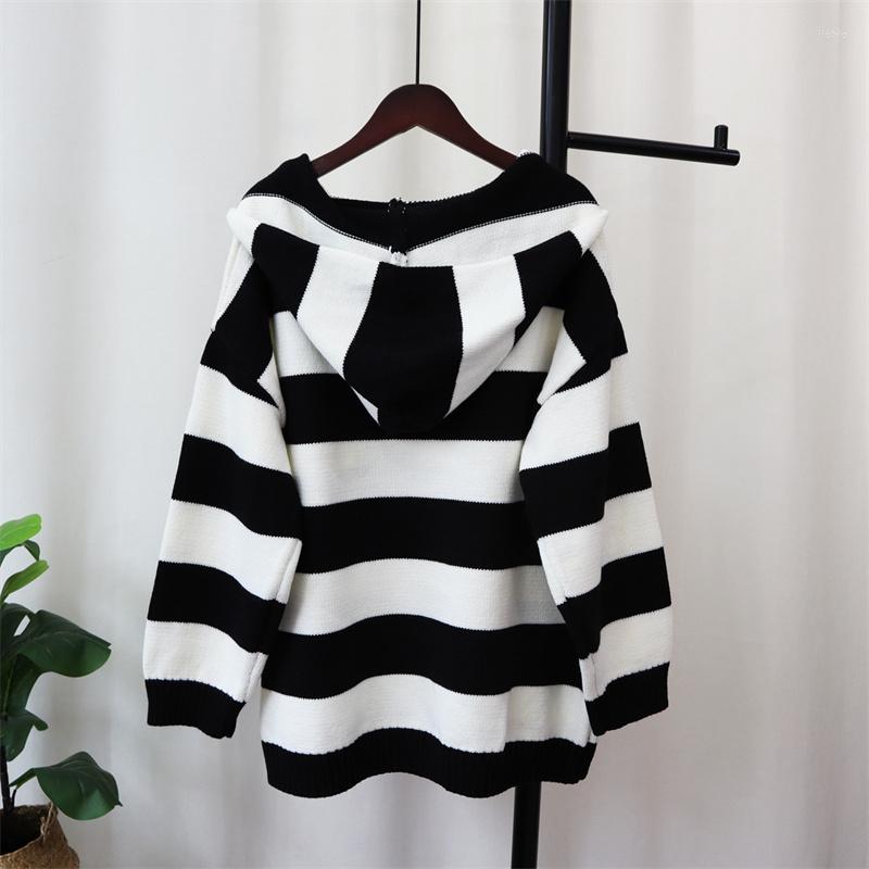 Womens Sweaters Hsa 2023 Contrast Color Striped Zipper Hooded Sweater Fashion Loose Retro Soft Glutinous Lazy Style Long Sleeve Tops