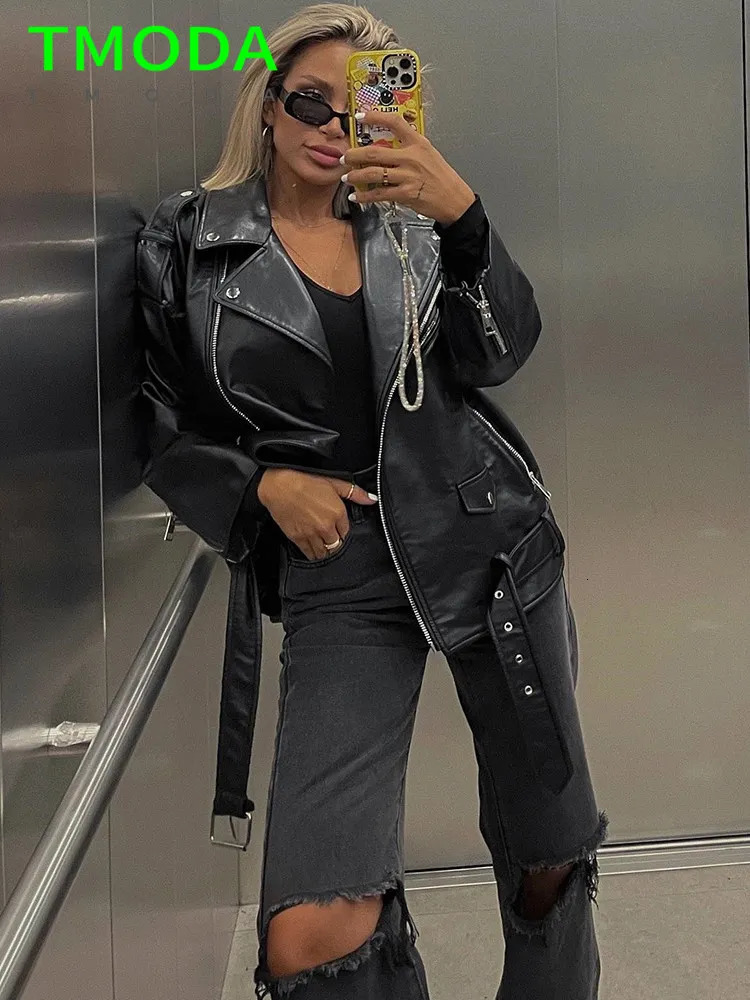 Women's Jackets T MODA Spring Autumn Faux Leather Jackets Women Loose Casual Coat Female Drop-shoulder Motorcycles Locomotive Outwear With Belt 2