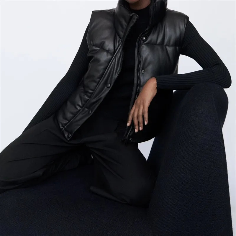 Women's Vests Fashion Streetwear Women Puffy Vest Winter Thick Parkas Jacket Black PU Female Coats Faux Leather Down Waistcoat Loose Lady Vest 23