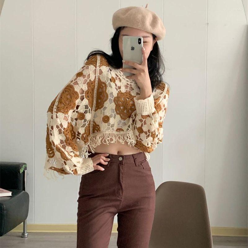Womens Sweaters Korean Cropped Knit Sweater Spring Autumn Fashion Sweet Long Sleeve Casual Crochet Tassels Hollowed Out Pullover For Women