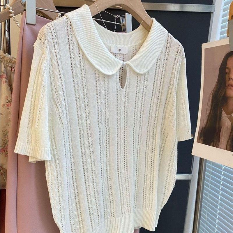 Womens Sweaters Summer French White Doll Brought Hollow-out Sweater Short Sleeve T-shirt Design Feeling Female Niche Thin Ice Silk Blouse