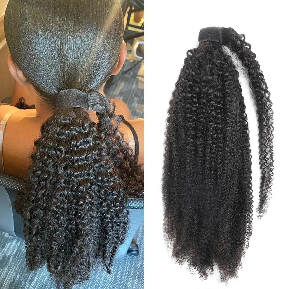 Afro Kinky Curly Drawstring Ponytail Mongolian Kinky Curly Wrap Around Ponytail 4B 4C Remy Hair Extensions Human Hair pony tail hairpiece 120g jet bla