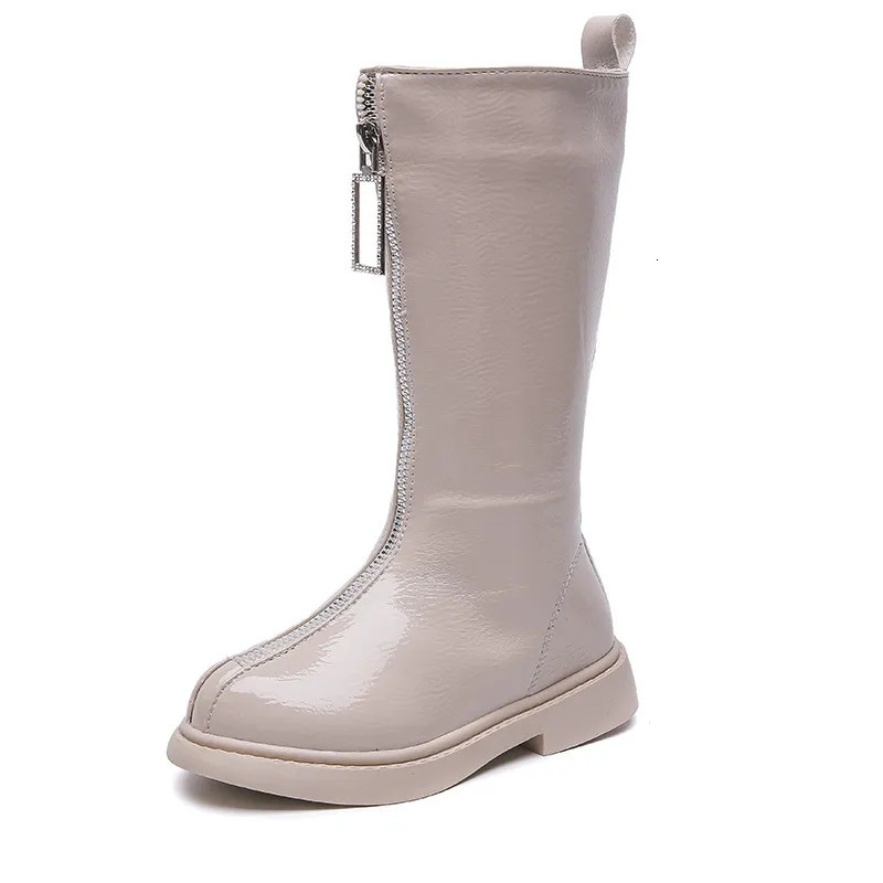 Boots Girls Long Barrel Front Zipper Warm and Non Slip Snow Children s Solid Soft Sole Flat Bottom Leather 231007