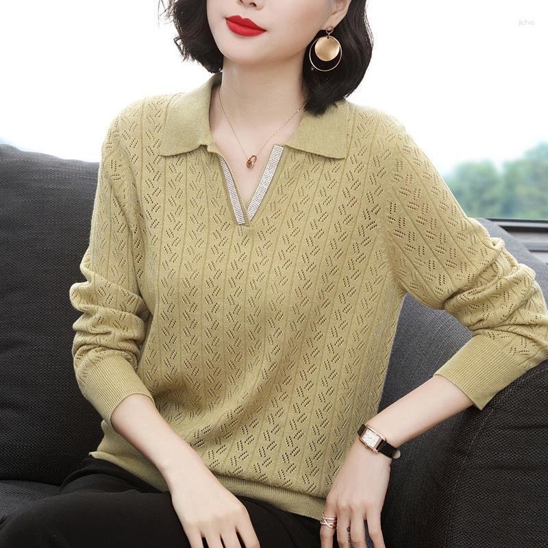 Womens Sweaters Spring Autumn Office Lady Solid Color Turn-down Collar All-match Basic Long Sleeve Hollow Out Jumpers Clothing