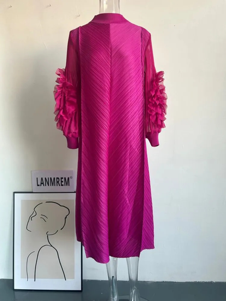 Basic Casual Dresses LANMREM Oversize Pleated Dress Round Neck Spliced Fungus Full Sleeve Long Dresses For Women Spring Clothes 2Q1331 231007