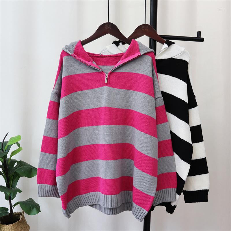 Womens Sweaters Hsa 2023 Contrast Color Striped Zipper Hooded Sweater Fashion Loose Retro Soft Glutinous Lazy Style Long Sleeve Tops