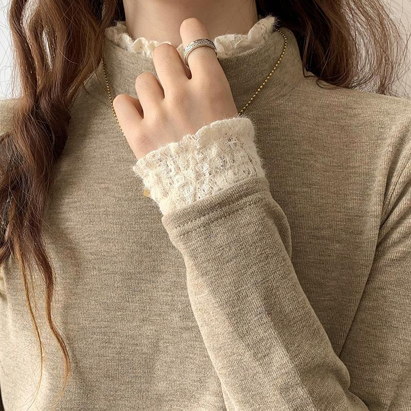 Womens Sweaters Autumn Winter Bottom Sweater Shirt Lace Half-high Neck Long-sleeved T-shirt Blouse Vintage Leisure Warm Pullovers Top