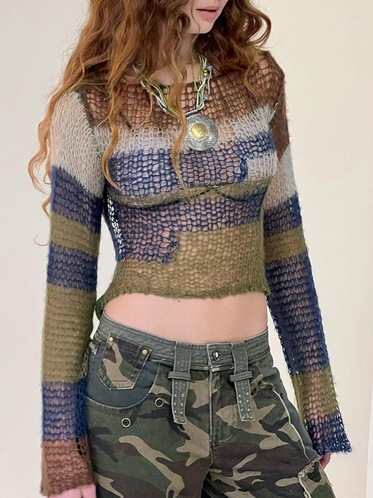 Womens Sweaters Distressed Crochet Sweater Grunge Striped Print Loose Smock Casual Streetwear Knitted Jumpers Women Fashion Pullover