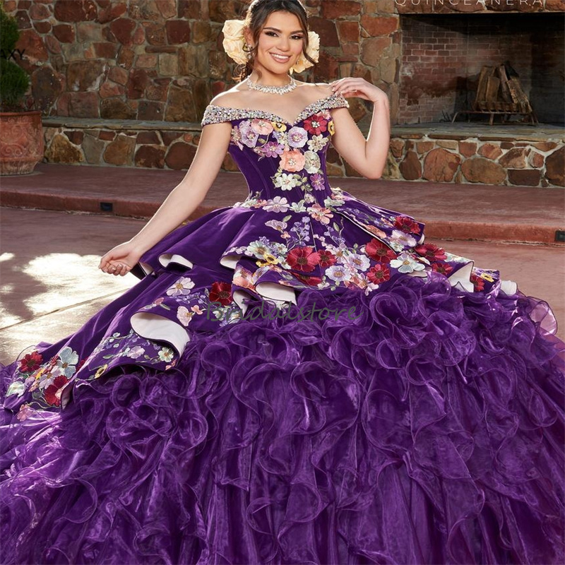 Luxury Charro Black Quinceanera Dress 2024 Mexican Costume Ball Gown Tiered Flowers Sweet 15 Years Birthday Dress Vestido De Xv Vestidos Debutantes Ma