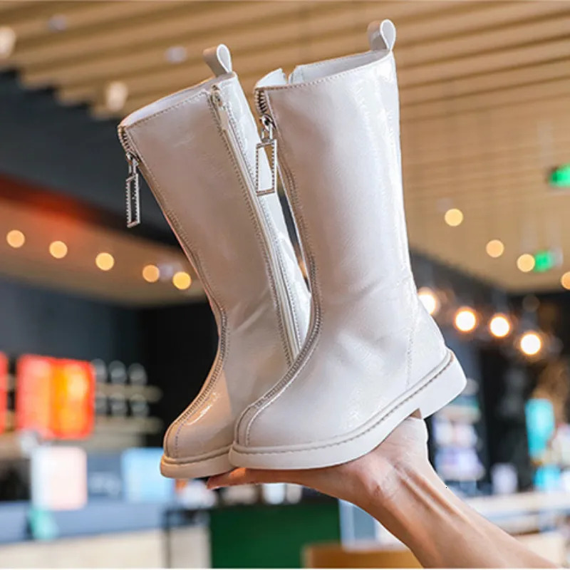 Boots Girls Long Barrel Front Zipper Warm and Non Slip Snow Children s Solid Soft Sole Flat Bottom Leather 231007