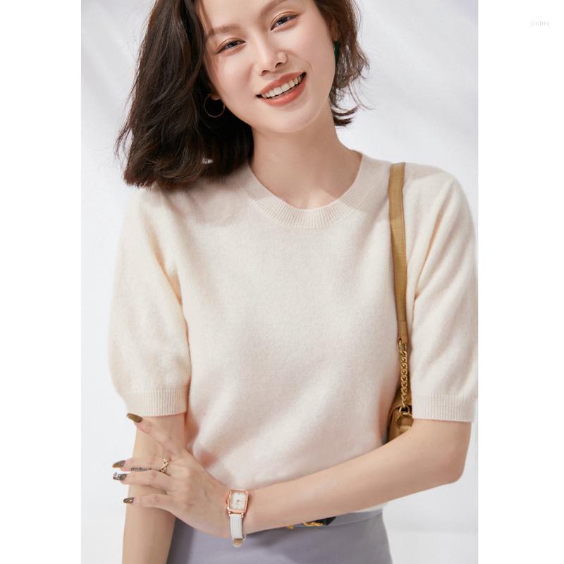 Womens Sweaters Pullover Spring/Summer Wool Sweater Short Sleeve Casual Solid Color Round Neck T-Shirt Ladies Top
